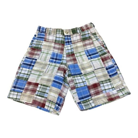 IZOD Y2K Cotton Shorts Mens 33 Patchwork Plaid Flat Front Pockets Preppy Summer - Picture 1 of 8